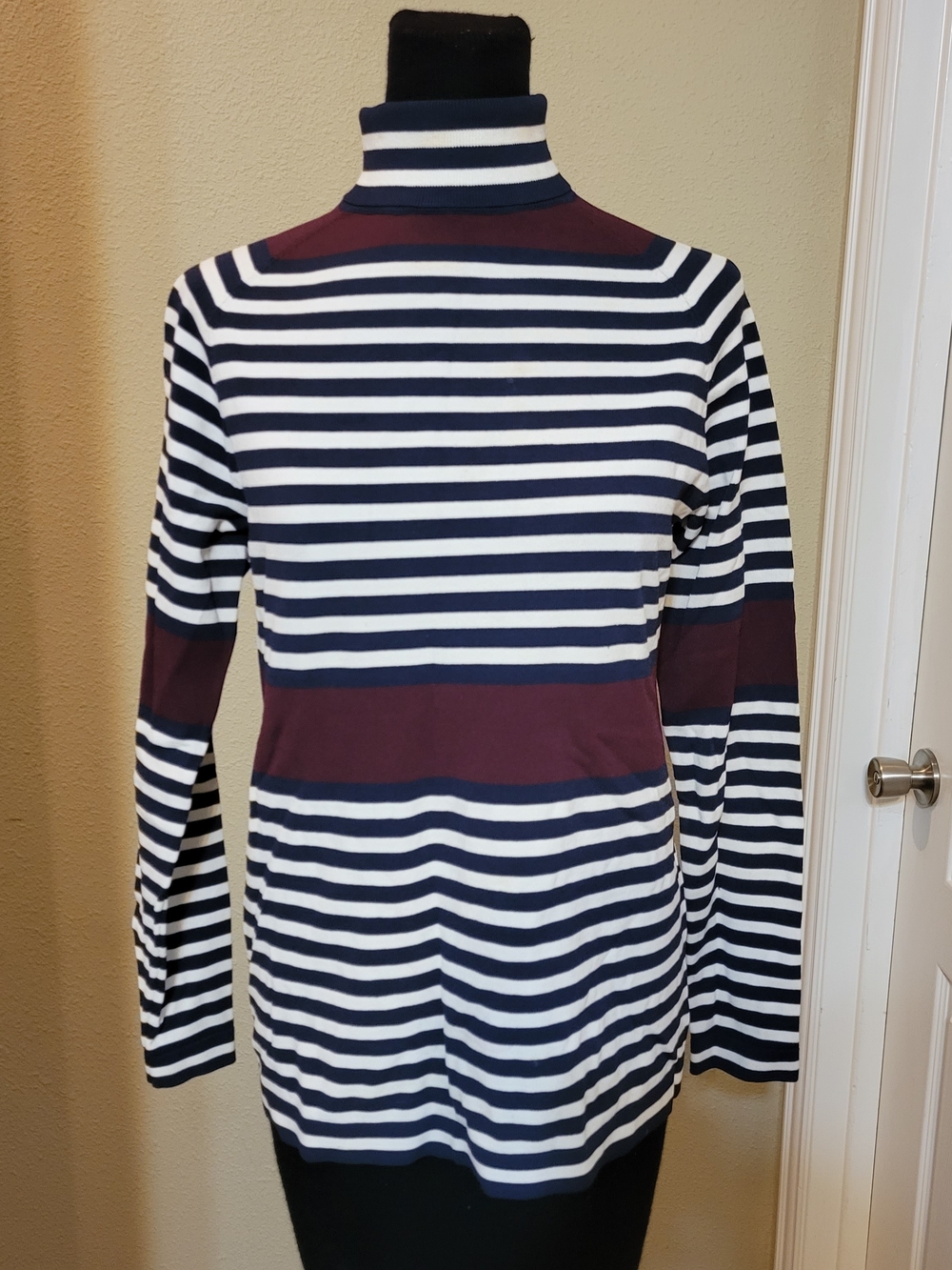Tory Sport Navy, White & Burgundy Striped Turtleneck